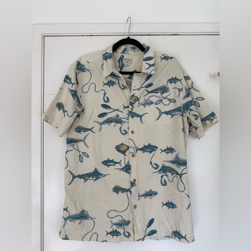 O'Neill Cream and Blue Fish Print Shirt
